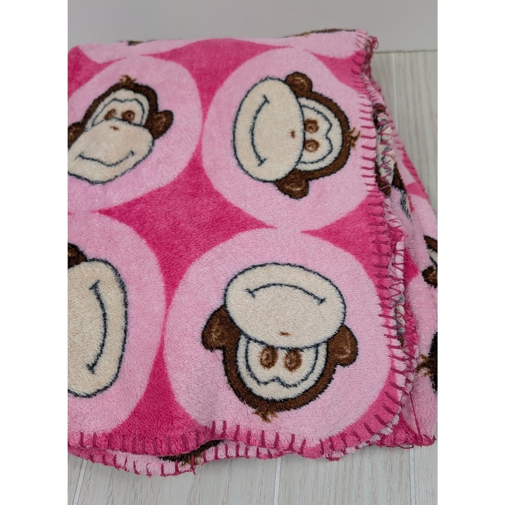 FLAWED Throw Blanket Pink Monkey Plush Fleece Whipstitch Edge